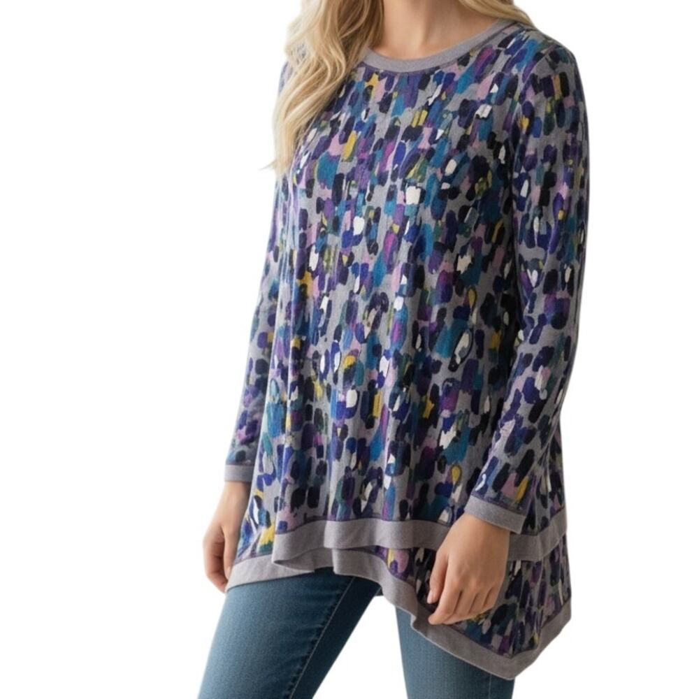 LOGO Crossover Hem Tunic Womens Medium Purple Print Long Sleeve Longline Top